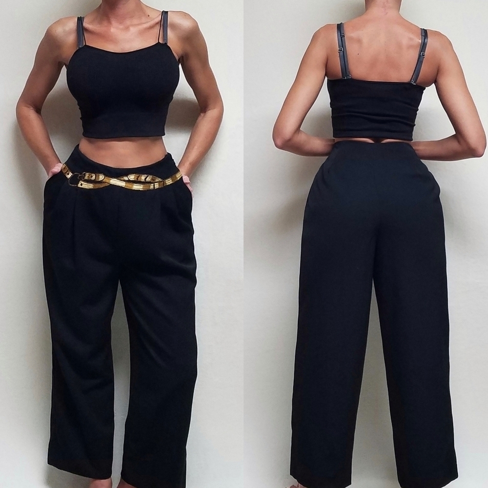 Rare Vintage 70s Western Privata Black Wool Faux Belt High Waisted Cropped Pants